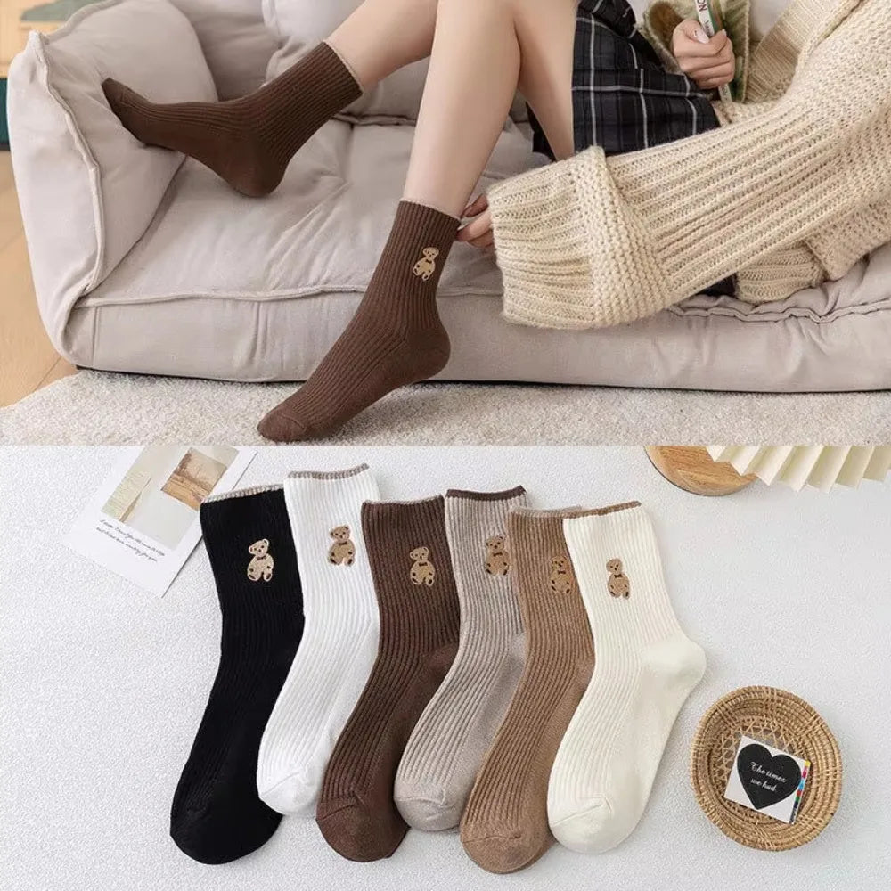 Bear Embroidery Medium Tube Socks, 5 Pair