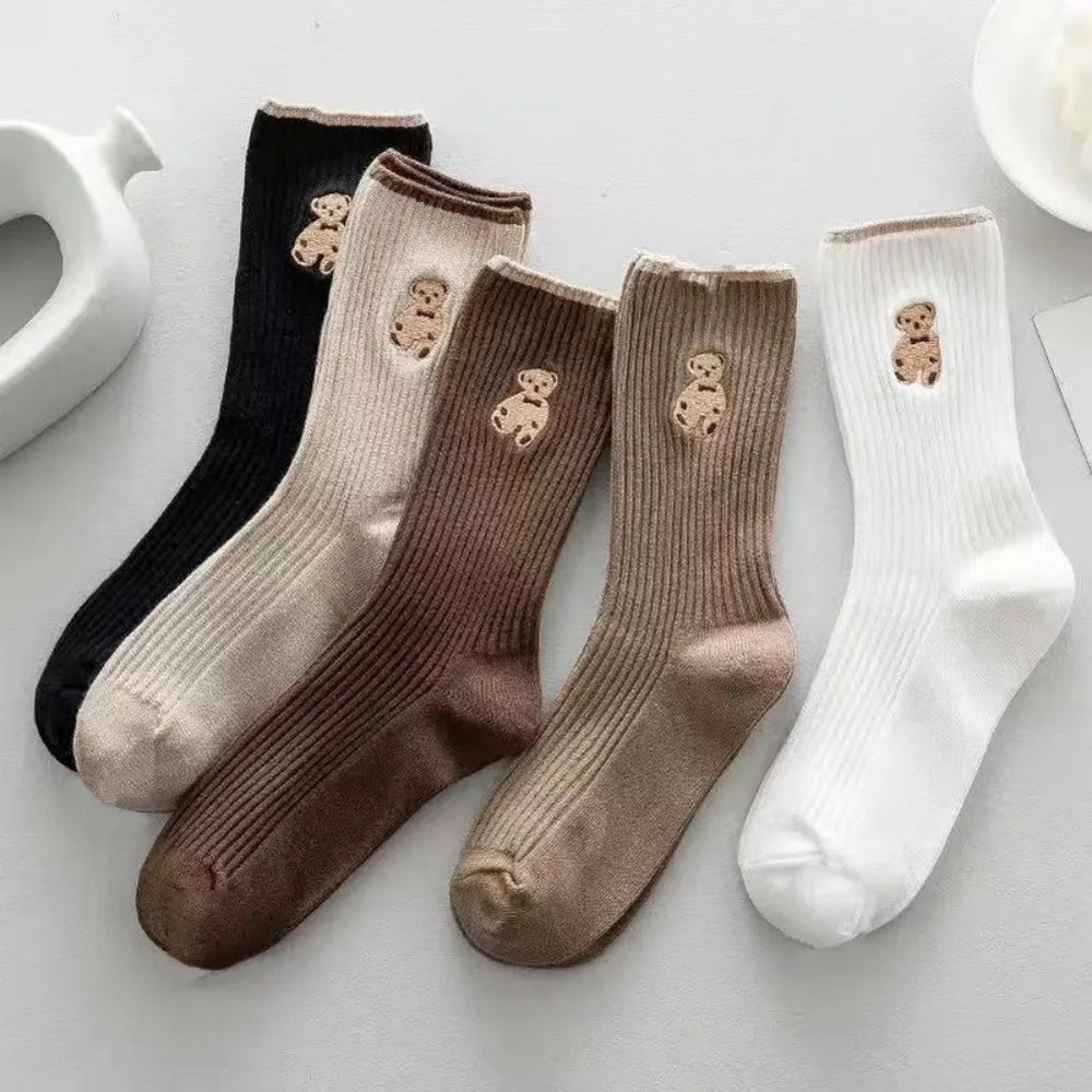 Bear Embroidery Medium Tube Socks, 5 Pair