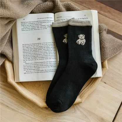 Bear Embroidery Medium Tube Socks, 5 Pair