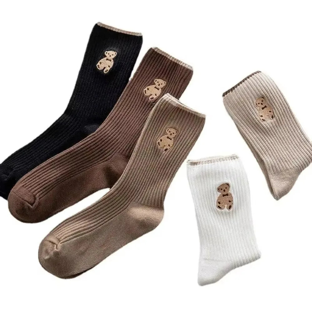 Bear Embroidery Medium Tube Socks, 5 Pair