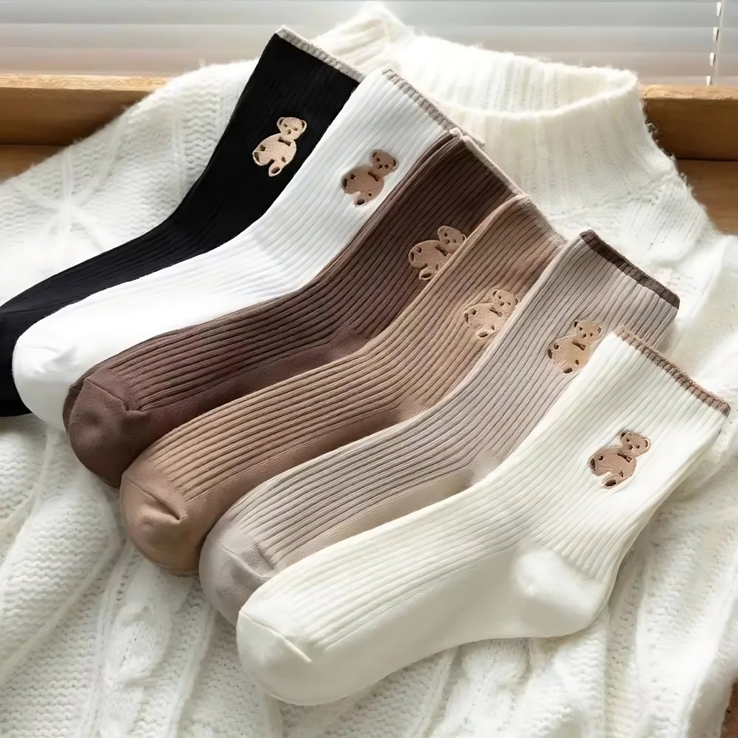 Bear Embroidery Medium Tube Socks, 5 Pair